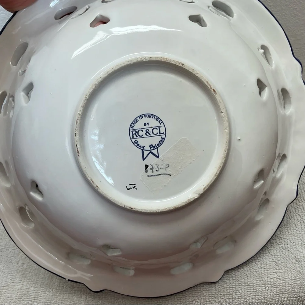 Vintage RCNCL White Porcelain Basket With Blue Trim And Floral Detail Braided